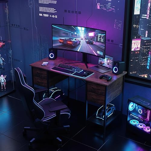 Miniatura 2 de DUMOS Escritorio para computadora de 47 pulgadas con 4 cajones, mesa de oficina en casa con estante de malla para trabajo, estudio, escritura,