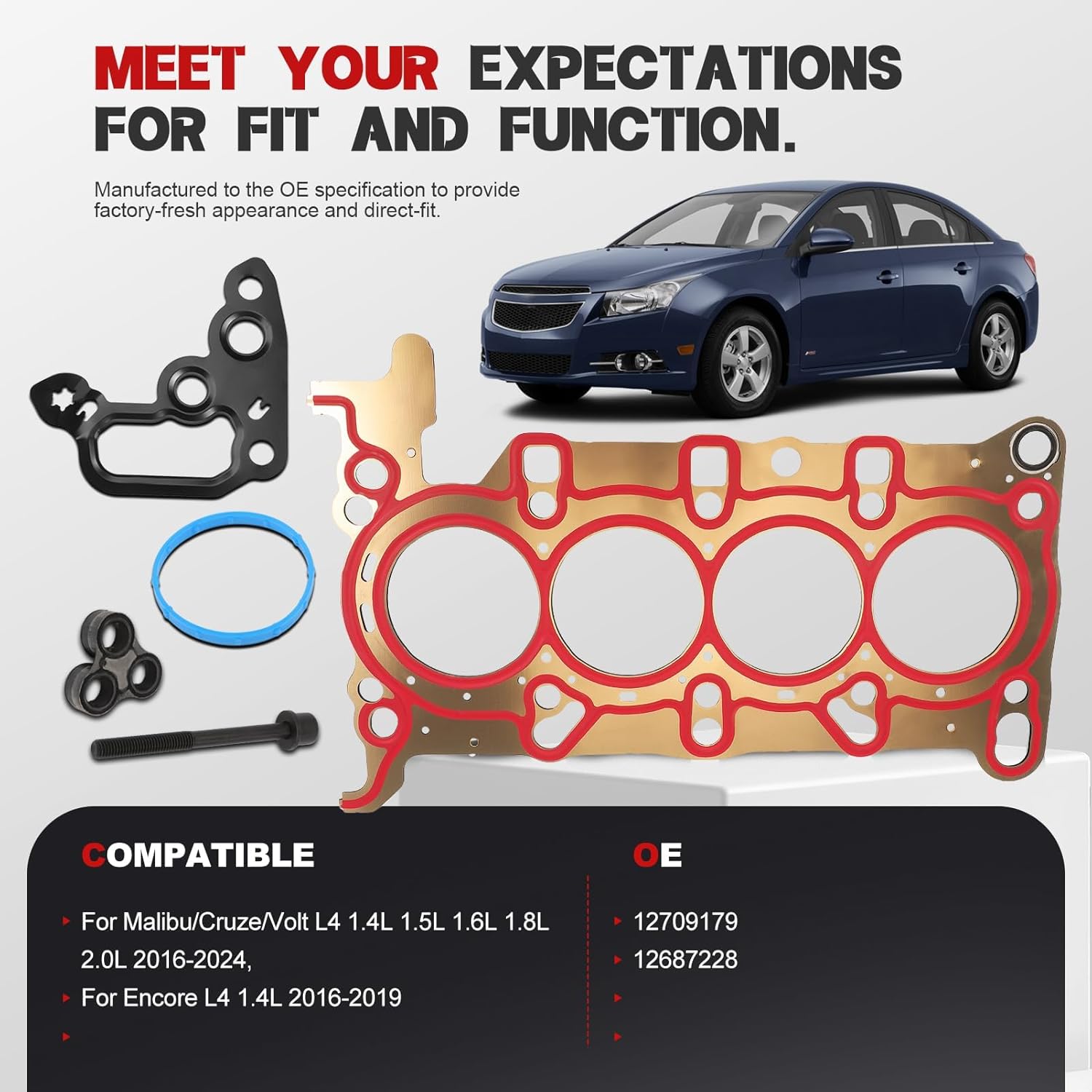 Head Cylinder Gasket Set Fit for Malibu/Cruze/Volt 2016-2024 & Encore 2016-2019 | OE 12709179 + 12687228 | Fits 1.4L, 1.5L, 1.6L, 1.8L, 2.0L L4 Engines, w/Cylinder Head Bolts