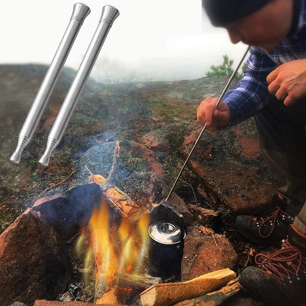 Soffietto Antincendio Portatile, Tubo di Soffiaggio Telescopico, Soffietto Fire Tube Pieghevole in Acciaio, Blow Fire Tube per Campeggio Caminetto Itinerante, Cucinare in Campeggio PIC nic all'aperto