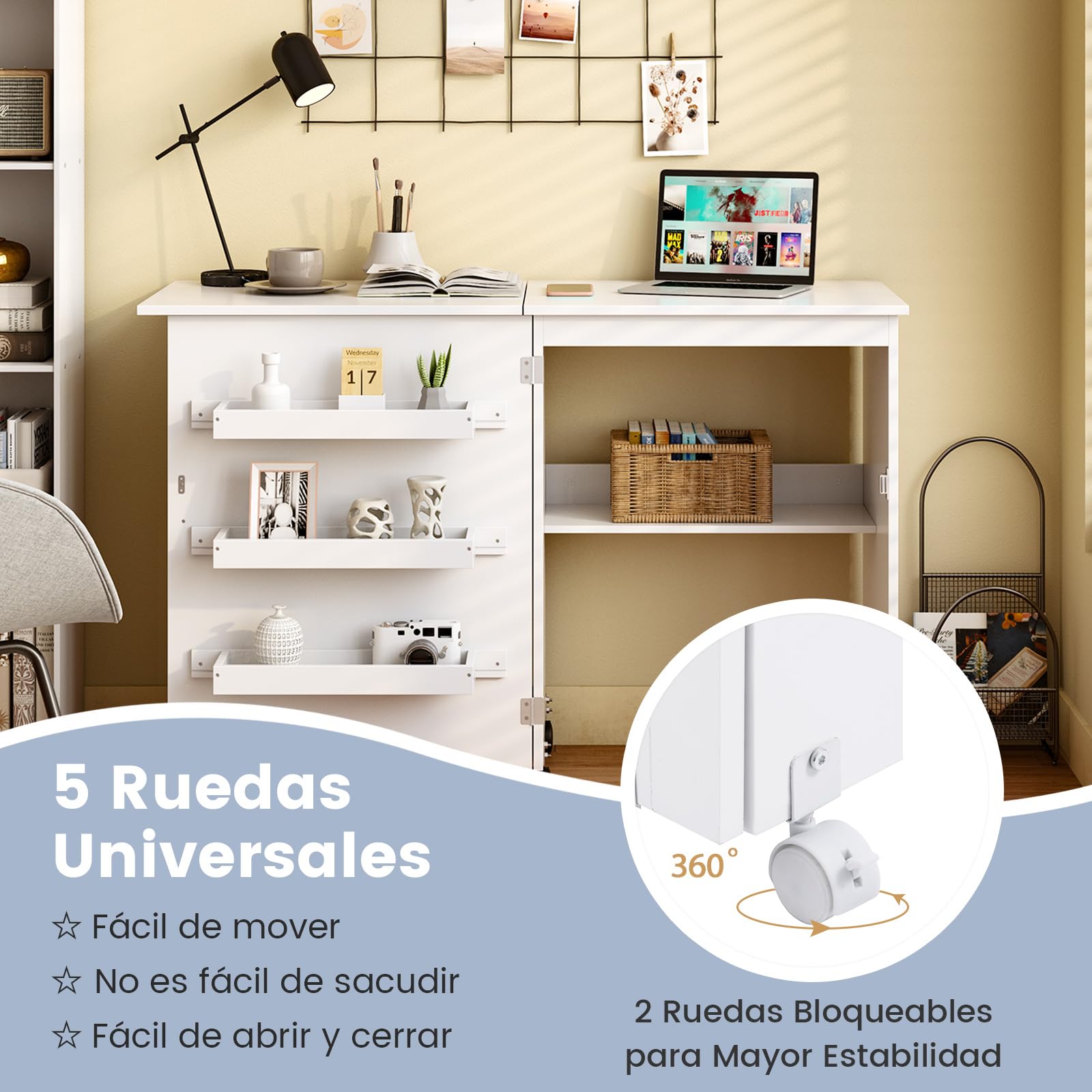 RELAX4LIFE Mesa de Costura Plegable con 5 Ruedas, 4 Estantes de Almacenamiento y Frenos, Mesa para Máquina de Coser de MDF, Mesa Multifuncional para Salón, Dormitorio, 118,5x40x79,5cm (Blanco)