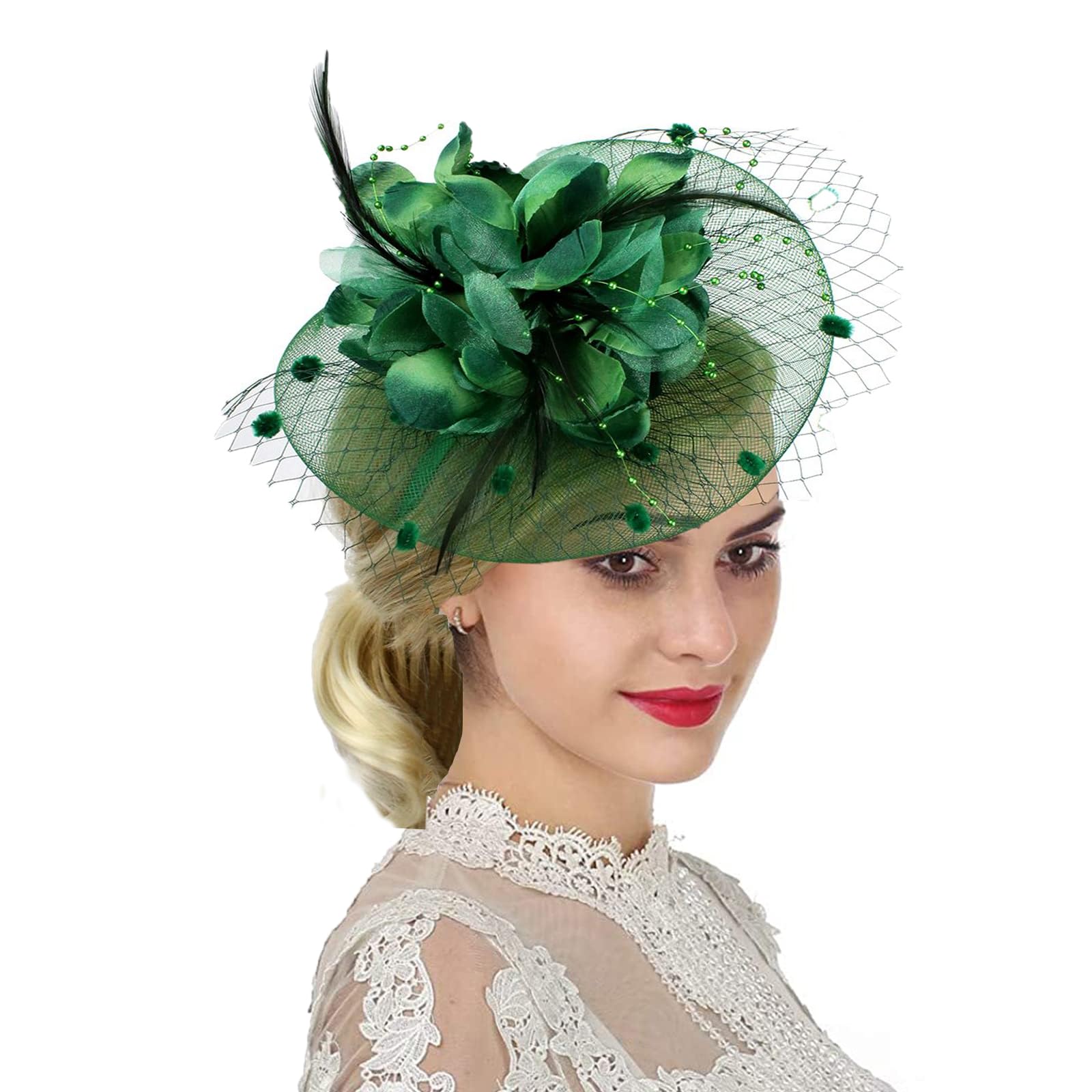 Women Fascinator Veil Hat Flower Feather Mesh Net Bridal Dot Veil Headpiece with Hair Clip and Headband Ladies Wedding Party Costume Headwear Fancy Dress Hair Accessories for Cocktail Party Ascot Race