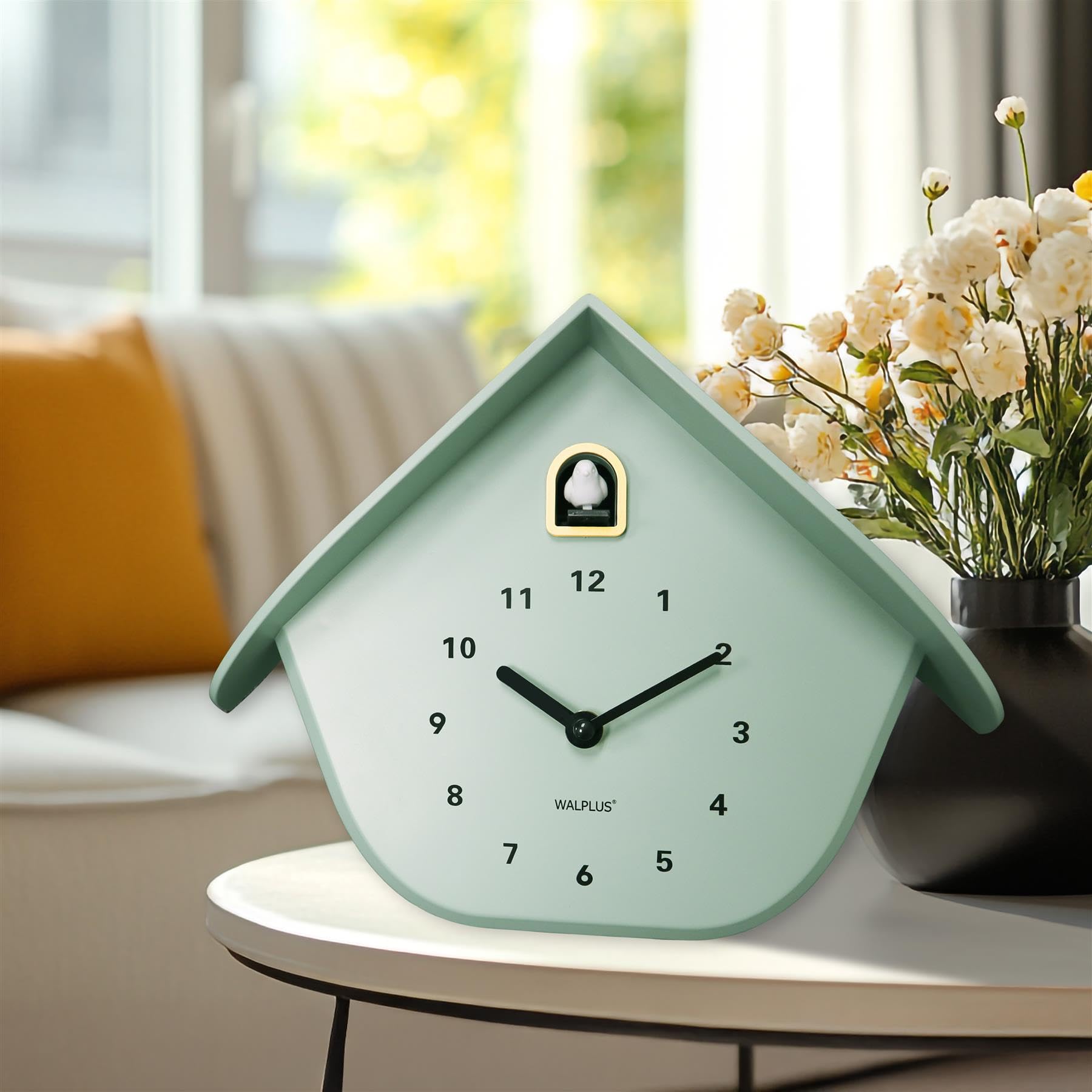 WALPLUS Horloge coucou vert menthe pastel 32,5 cm avec pendule amovible, motif nichoir à oiseaux, coucou blanc.