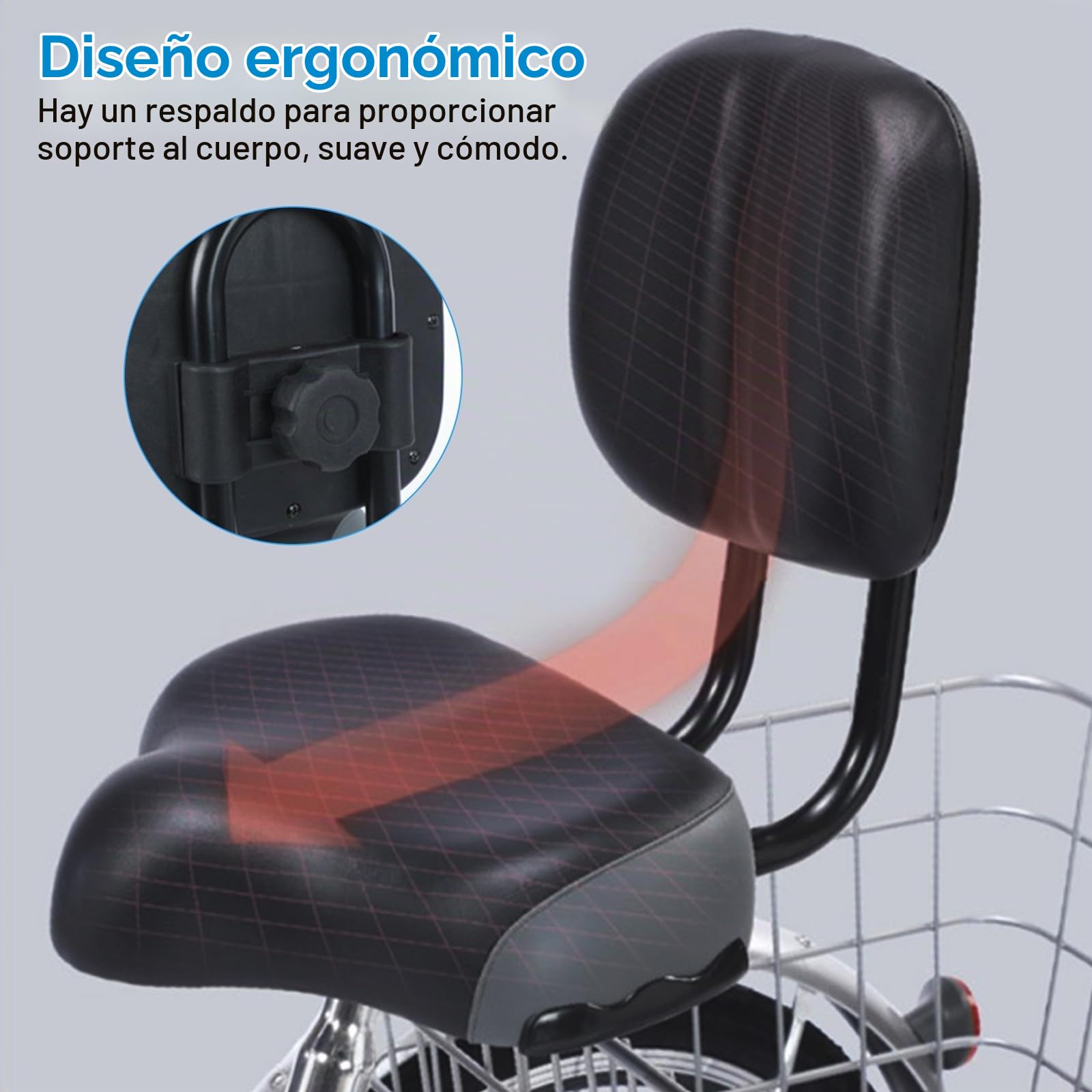 Sillín de Bicicleta, Sillín de Bicicleta de Gran Tamaño, Sillín de Bicicleta con Respaldo, Sillín de Bicicleta con Respaldo Ajustable, Cojín de Asiento Trasero Suave de Repuesto para Bicicletas