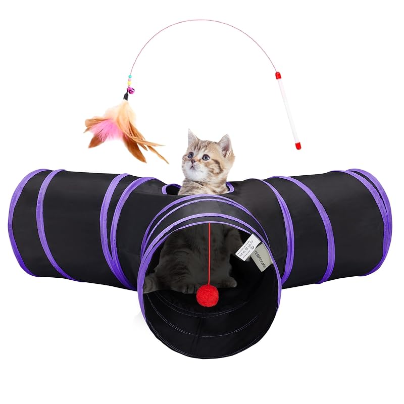 Túnel para gatos de 3 vias em poliéster Tempcore, Black & Purple, tamanho Small