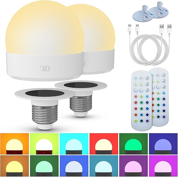 Rechargeable Battery Night Light Bulb: 3000mAh LED Bulb with Remote Control for Lamp, Wireless E26 USB Puck Light 400LM with Timer, 3 Color Temperature+12 RGB Color, Magnetic Camping Outdoor , 2pcs