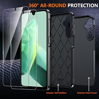 SPIDERCASE for Samsung Galaxy A16 5G Phone Case, [12 FT Military Grade Drop Protection] 2 Pack[Tempered Glass Screen Protector + Camera Lens Protector] Heavy Duty Shockproof Phone Case, Black