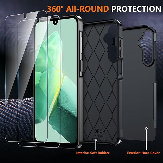 SPIDERCASE for Samsung Galaxy A16 5G Phone Case, [12 FT Military Grade Drop Protection] 2 Pack[Tempered Glass Screen Protector + Camera Lens Protector] Heavy Duty Shockproof Phone Case, Black