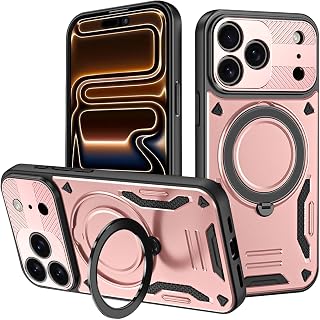 Magnetic for iPhone 17 Pro Case,Compatible with Magsafe,Matte Paint Luster,Rotatable Stand,Camera Lens Protection,Soft TPU Shock Absorption Military Grade Drop Shockproof Cover,Rose Gold