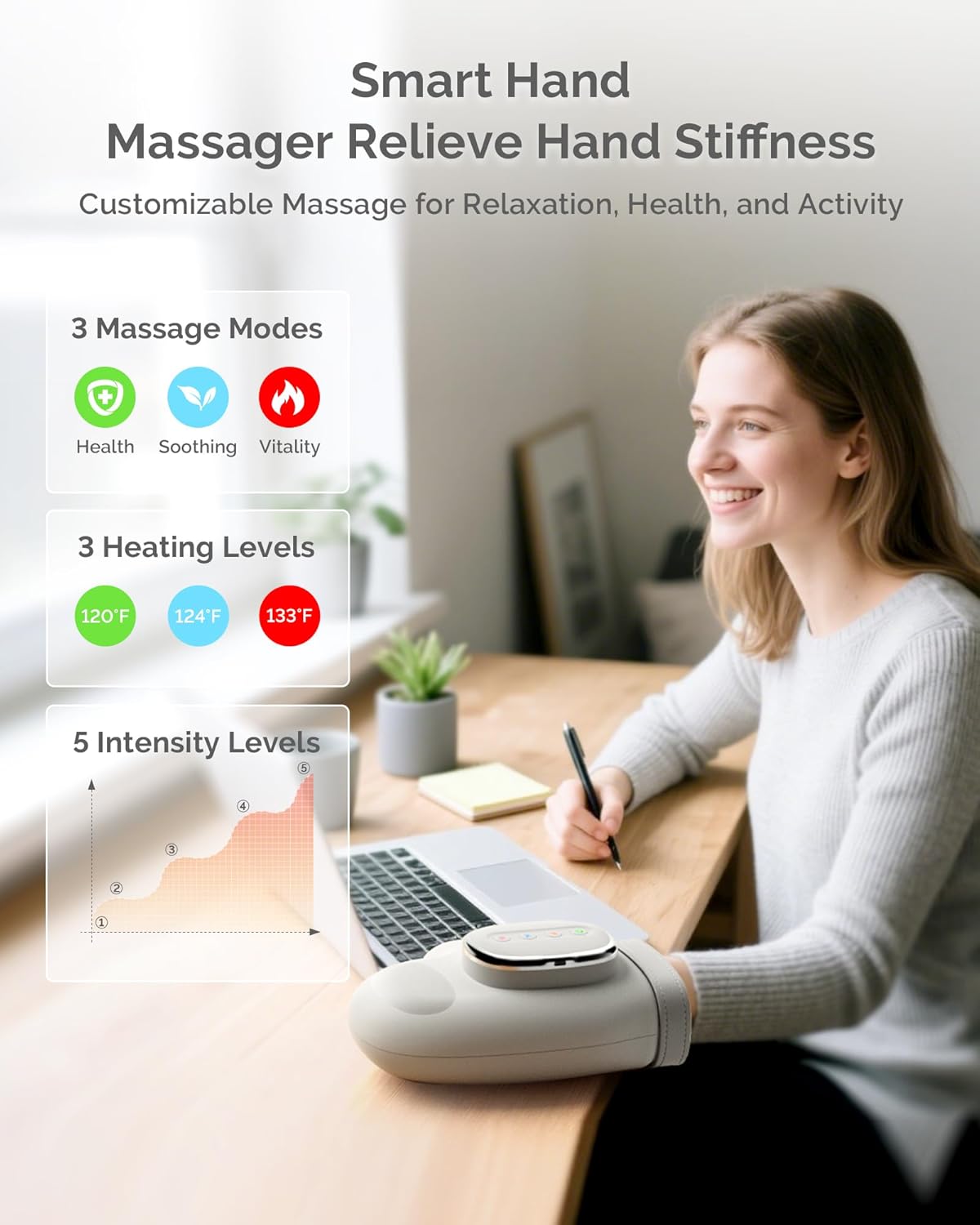 AIRSEE Hand Massager with Heat and Compression for Arthritis Carpal Tunnel Relief, 3 Massage Modes 3 Heating Levels 5 Intensities, Cordless Rechargeable Portable Pain Relief, Gift for Women Men - Image 5