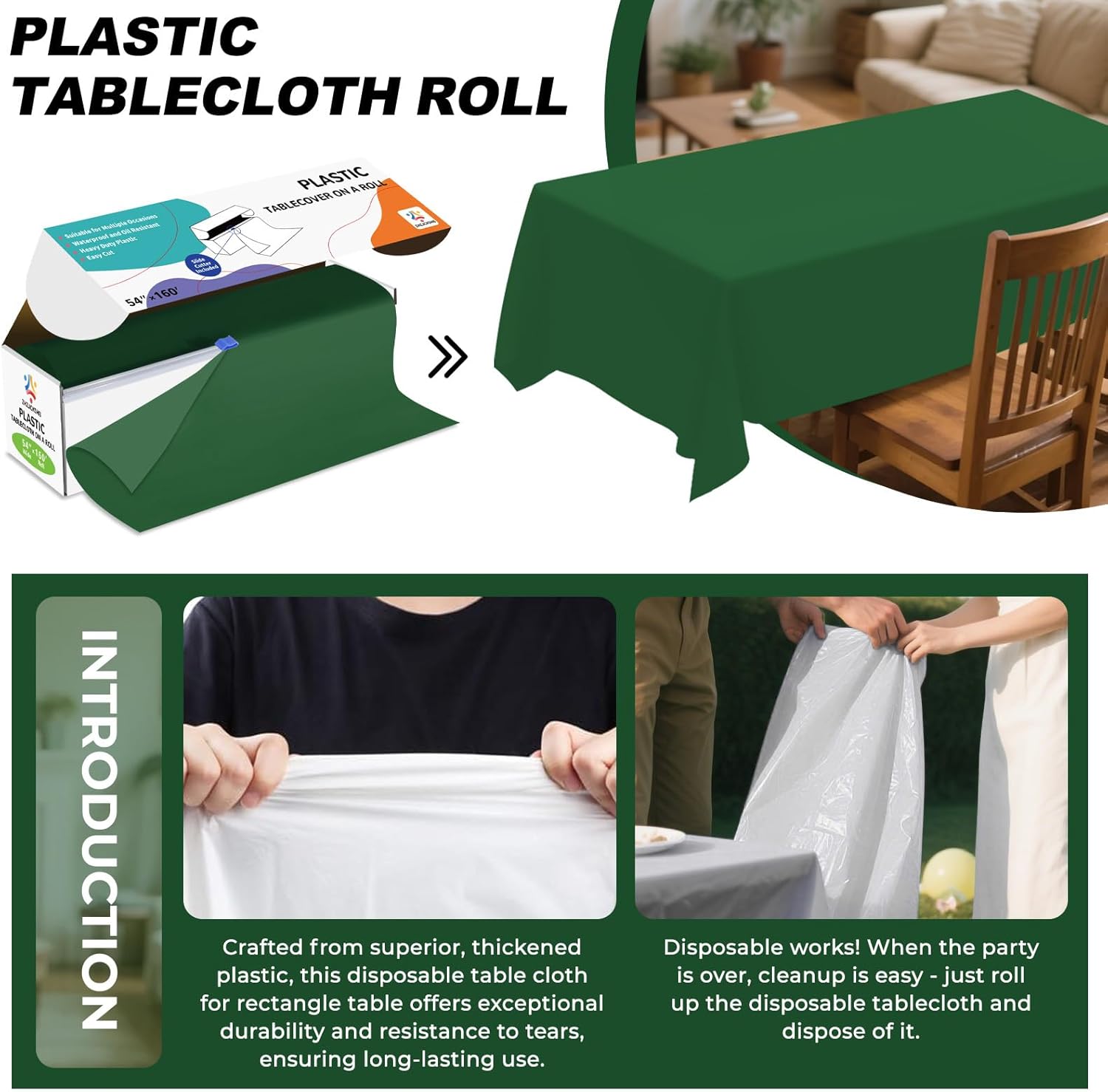 54IN X 160FT Plastic Table Cover Roll with Cutter Box, Cut to Size Plastic Table Cloths for Parties, Birthday, Disposable Tablecloth Roll for All Shape Tables (Green, 54 Inch X 160 Feet)