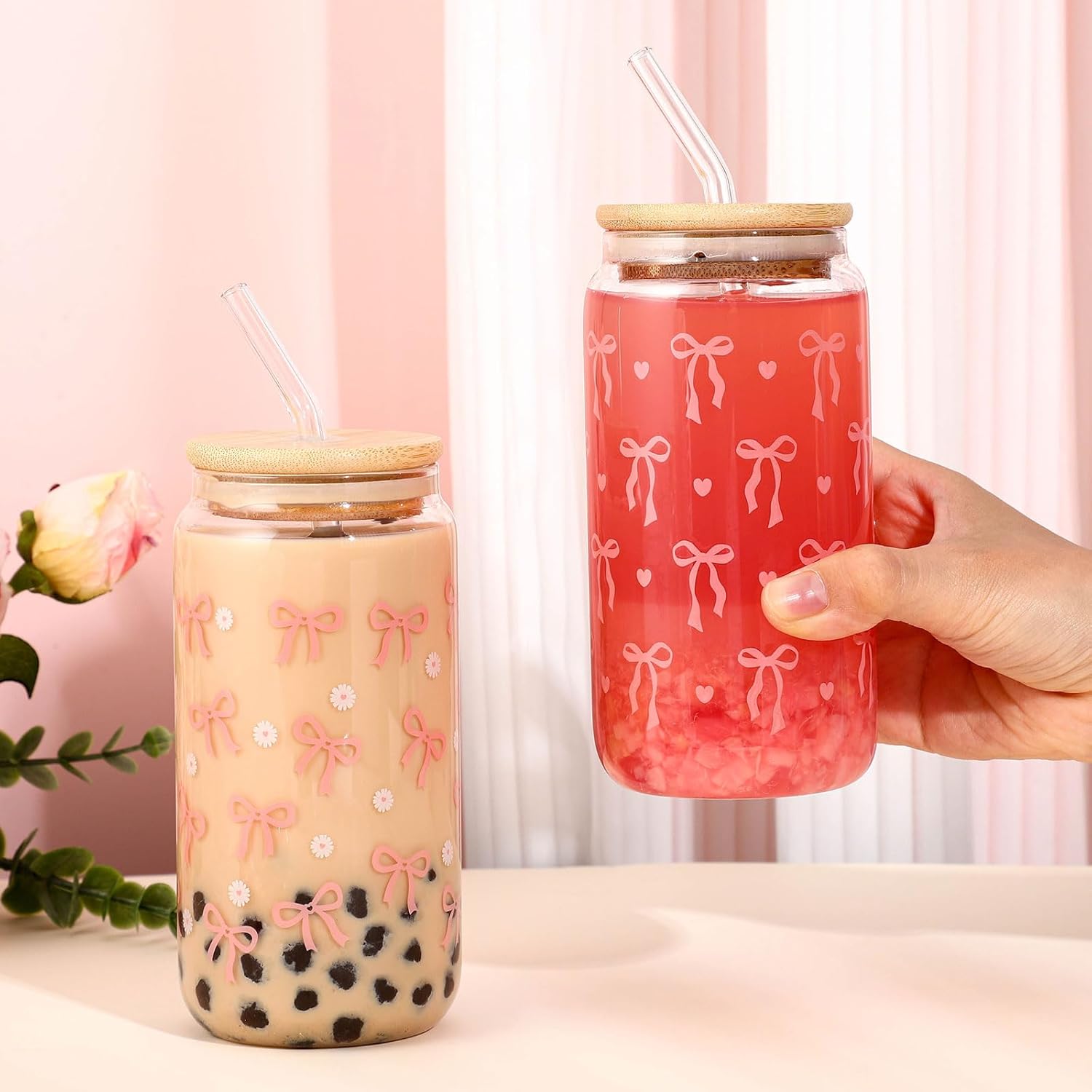 2 Pcs Coquette Pink Bow Glasses Cups, 16oz Cute Bow Glass Cups with Lid Brush and Straw Aesthetic Iced Coffee Cup, Girly Preppy Design Glasses Drinking for Teen Girls Women Men Kids Gift Trendy Stuff - Image 4