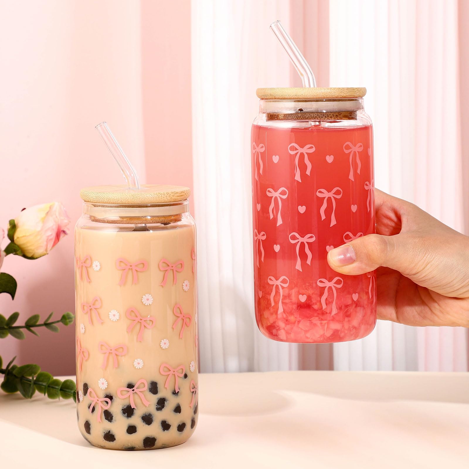 2 bicchieri da caffè ghiacciati estetici da 473,6 ml, bicchieri in vetro con coperchio, pennello e cannucce, bicchieri riutilizzabili per adolescenti, ragazze, donne, bambini, regali alla moda