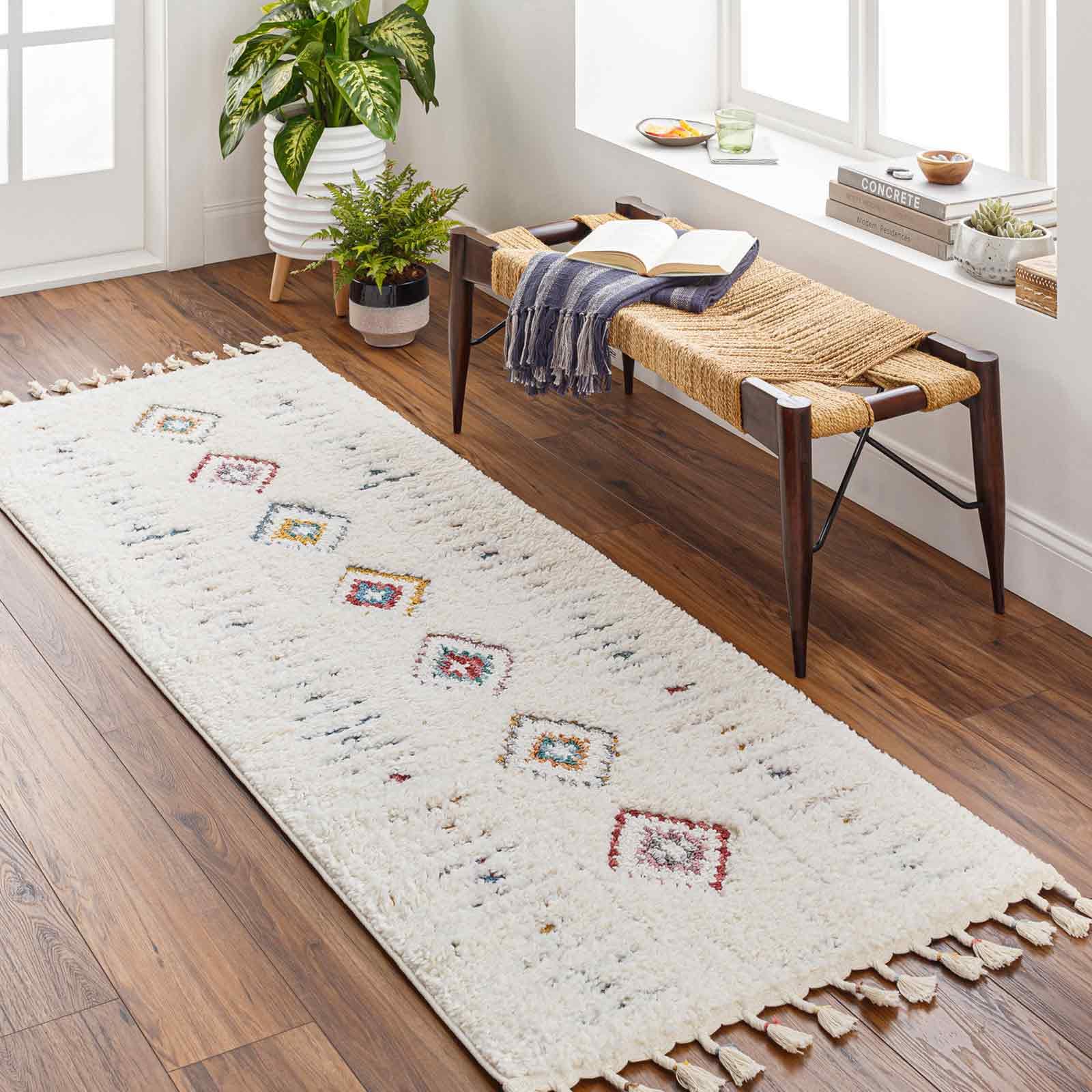 Livabliss Lofty-Shaggy Ivory Yellow Blue Vintage Boho Plush Soft Pile Fringe Living Bedroom Rug 80 X 220 Cm Easy CareNon Shedding from B&Q
