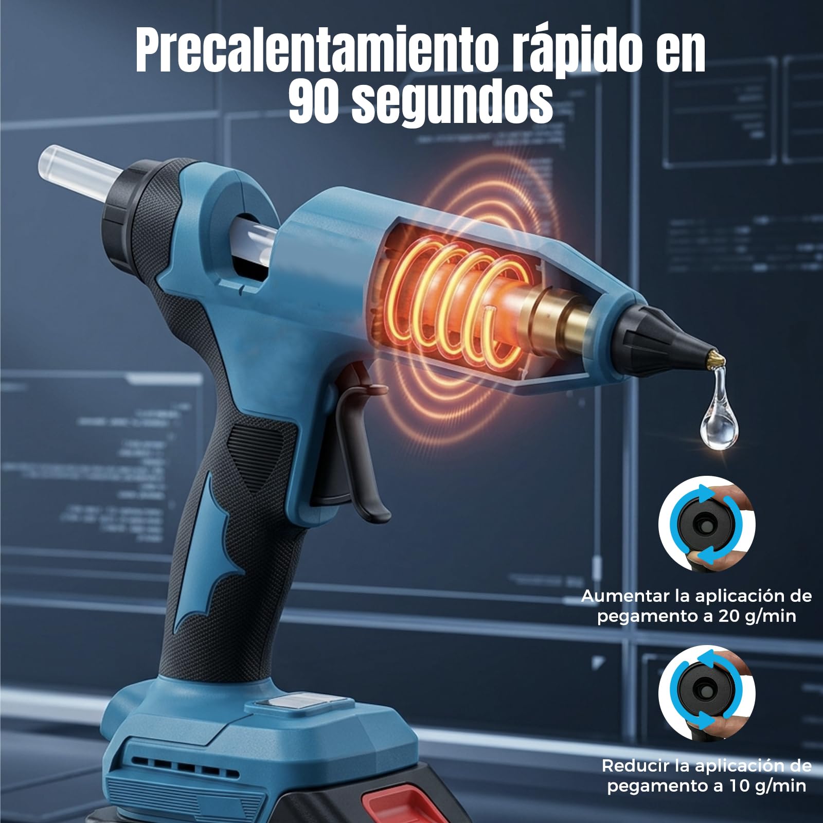 Pistola de Silicona Caliente Inalámbrica 110W, Kit con 2x Baterías 4.0Ah, Pantalla LCD con Control de Temperatura y Batería, Función de Memoria, 100-200°C, Compatible con Batería Makita 18V