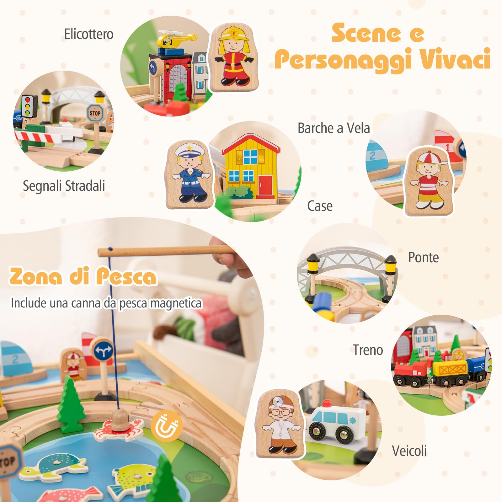 COSTWAY Tavolo e Set di Trenini in Legno, Tavolo da Gioco per Bambini con 78 Pezzi, Tavola Attività con Piano e Base Ribaltabile, Canna da Pesca Magnetica, Regalo per Bambini 3 Anni+