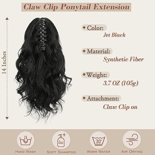 Miniatura 2 de BARSDAR Extensión de cola de caballo negra  Extensiones de cabello con clip de garra para mujer, 14 pulgadas, corto, ondulado, suave, sintético,