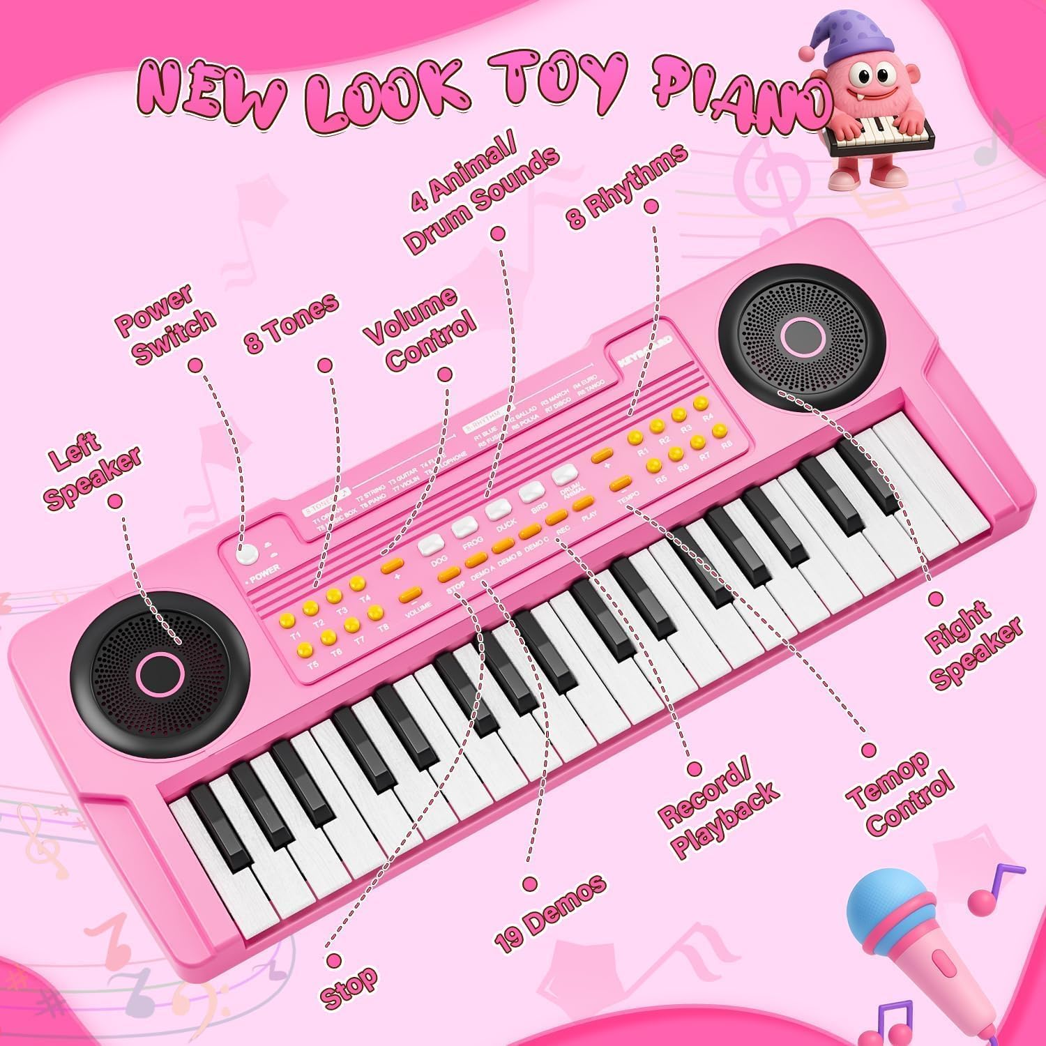 Teclado Piano Musical Educativo para Niños Piano Infantil Portátil 37 Teclas con Micrófono Juguetes Musicales Regalo para Niños y Niñas de 3 4 5 6 7 Años Rosa