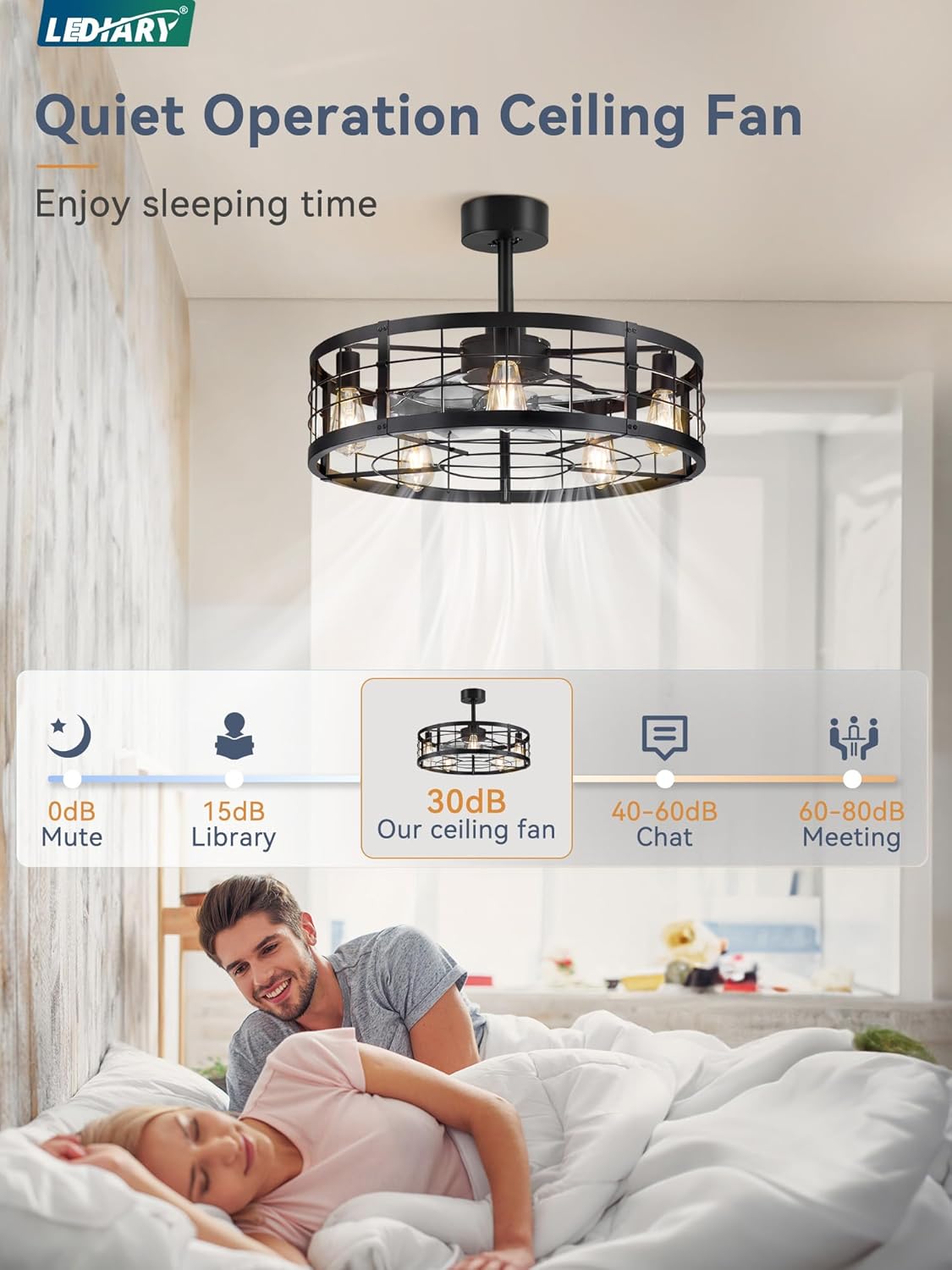 lediary 26 inch fandelier caged ceiling fan with light, bladeless ceiling fan with remote, farmhouse fan lights ceiling fixtures for kitchen, bedroom, outdoor(6 speed, timing)-black 26 inch black