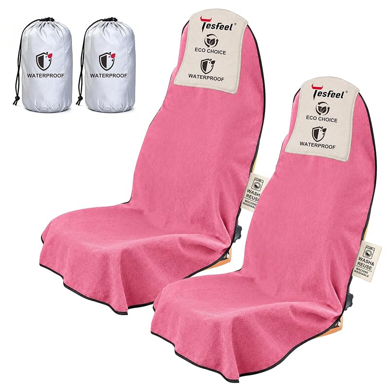 Capa de Toalha Impermeável para Banco Dianteiro de Carro TESFEEL Rosa, com Base Antiderrapante, 2 unidades