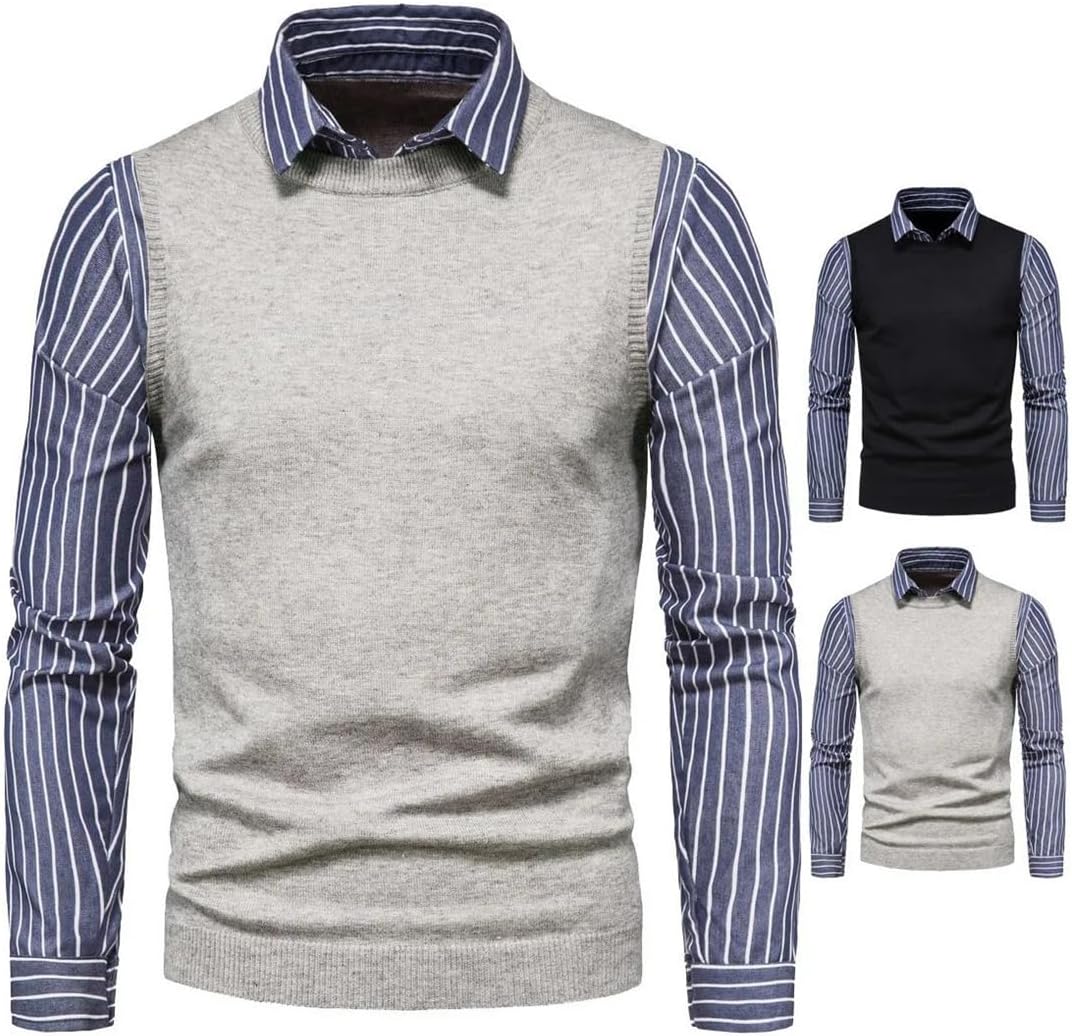 Sweater Vests+Stripe Shirts 1 Piece Pullovers Men Slim Fit Casual Sweaters Male Cotton Sweaters