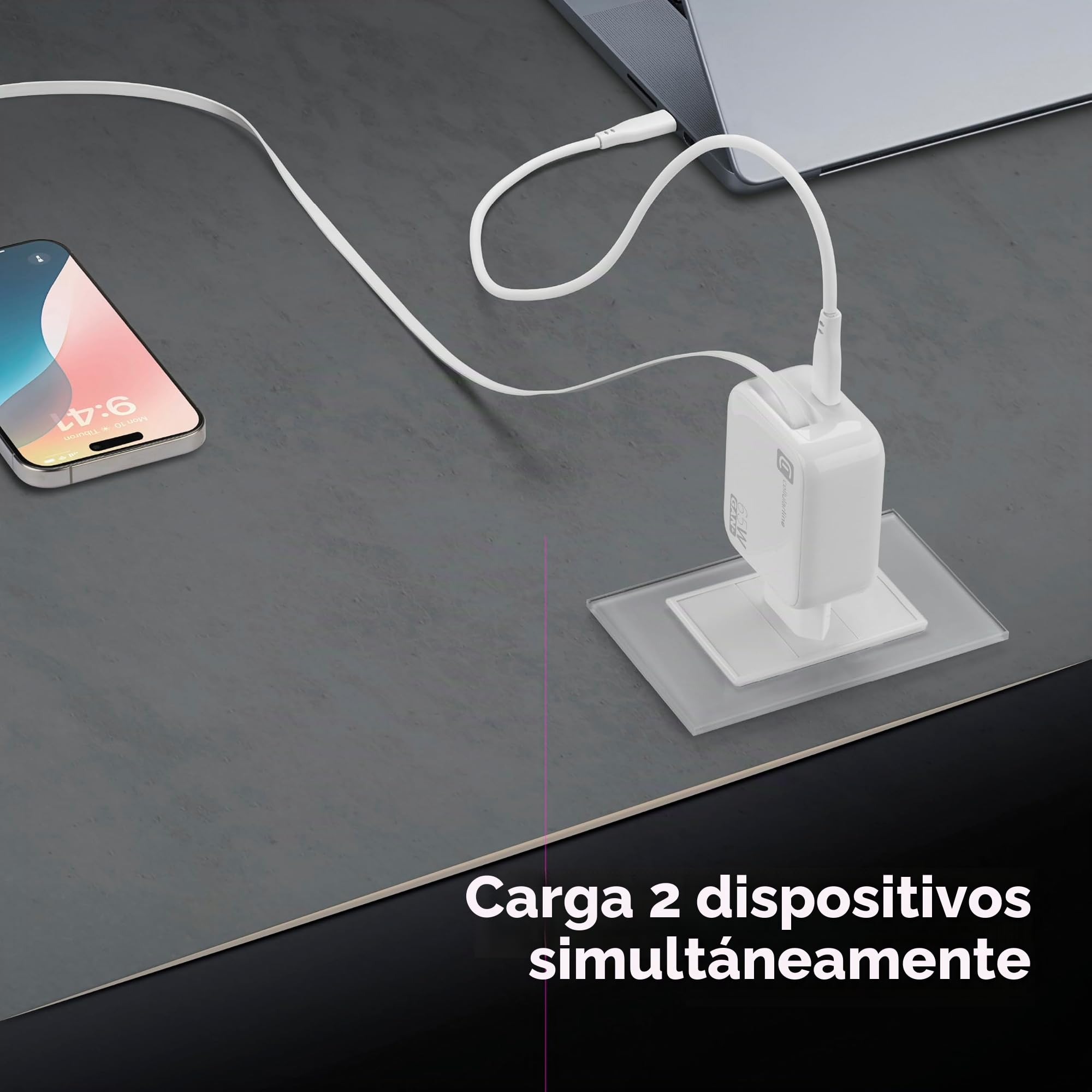 Cargador de Pared Cellularline 65W con Cable USB-C Retráctil de 90 cm, Tecnología GAN, Doble Puerto USB-C Power Delivery, Compacto para Smartphones, Tablets y Portátiles, Blanco