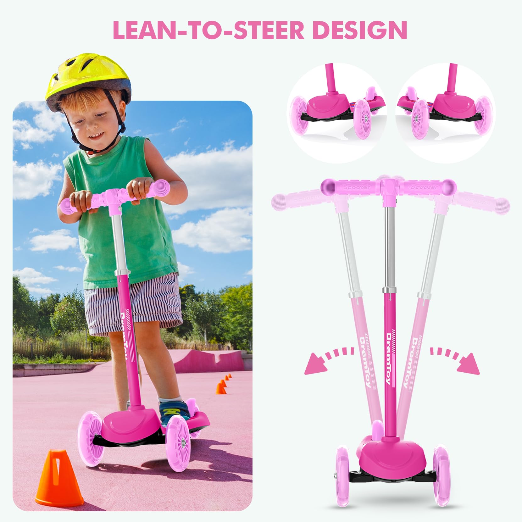 BremToy Patinete Niños 3 Años, Patinete Niños con Deck Luminosa y Ruedas LED de PU, Altura Regulable en 4 Niveles, Frenado Responsivo, Ligero, Patinete para Principiantes de 3 a 8 Años
