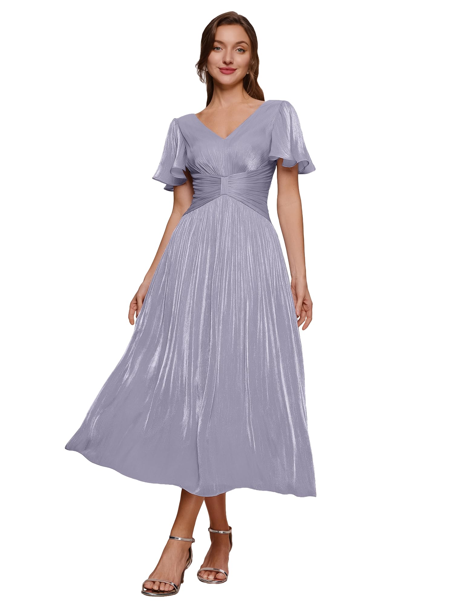 Ever-Pretty Robes d'Invité de Mariage Col en V Manches Courtes Soie de l'île Midi EG02770
