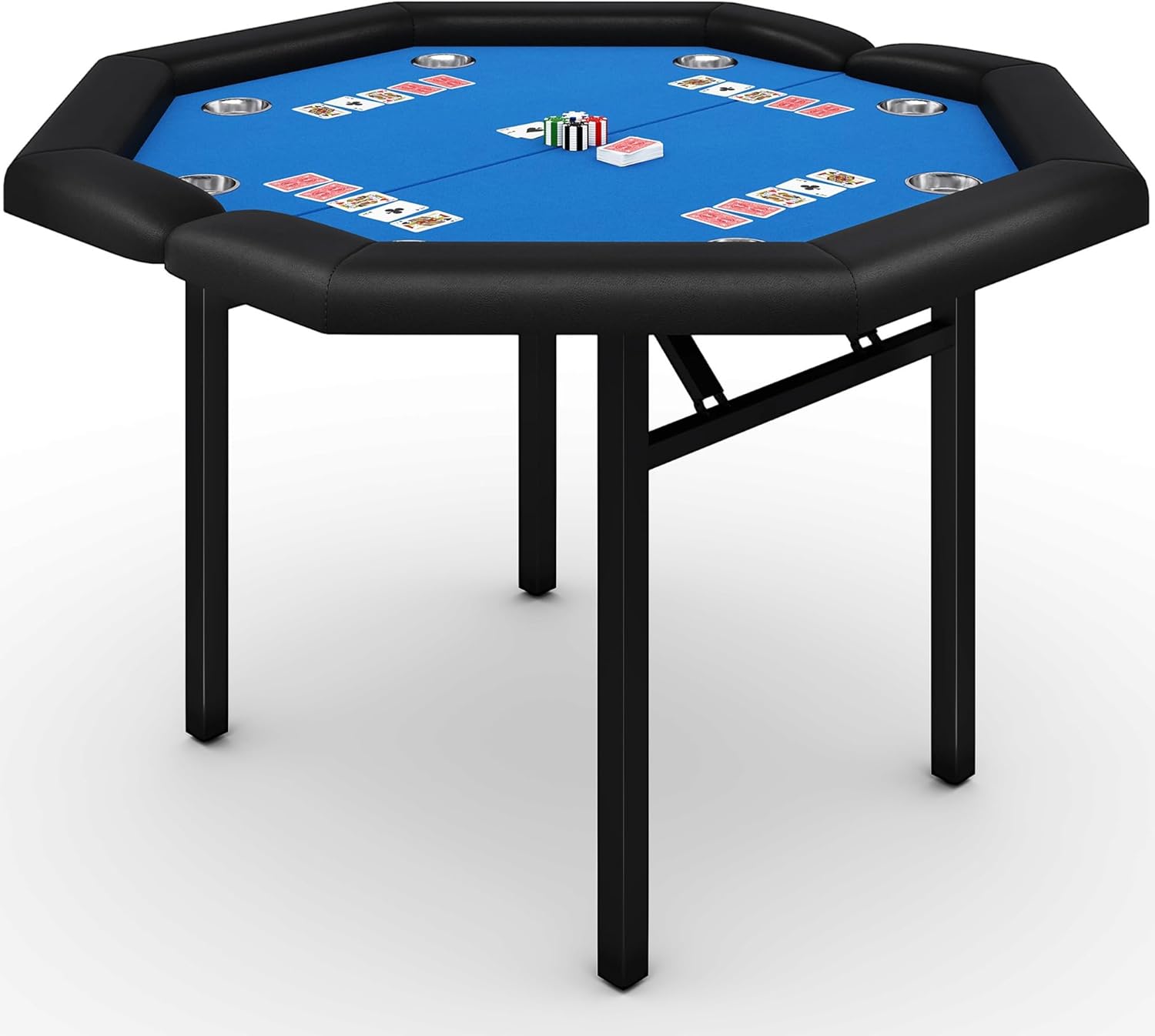 48" Folding Poker Table with 8 Players, Protable Folding Game Table Padded Rails ＆ Stainless Steel Cup Holders ＆ Collapsible Metal Legs, Octagon Casino Table for Texas Holdem Games - Blue