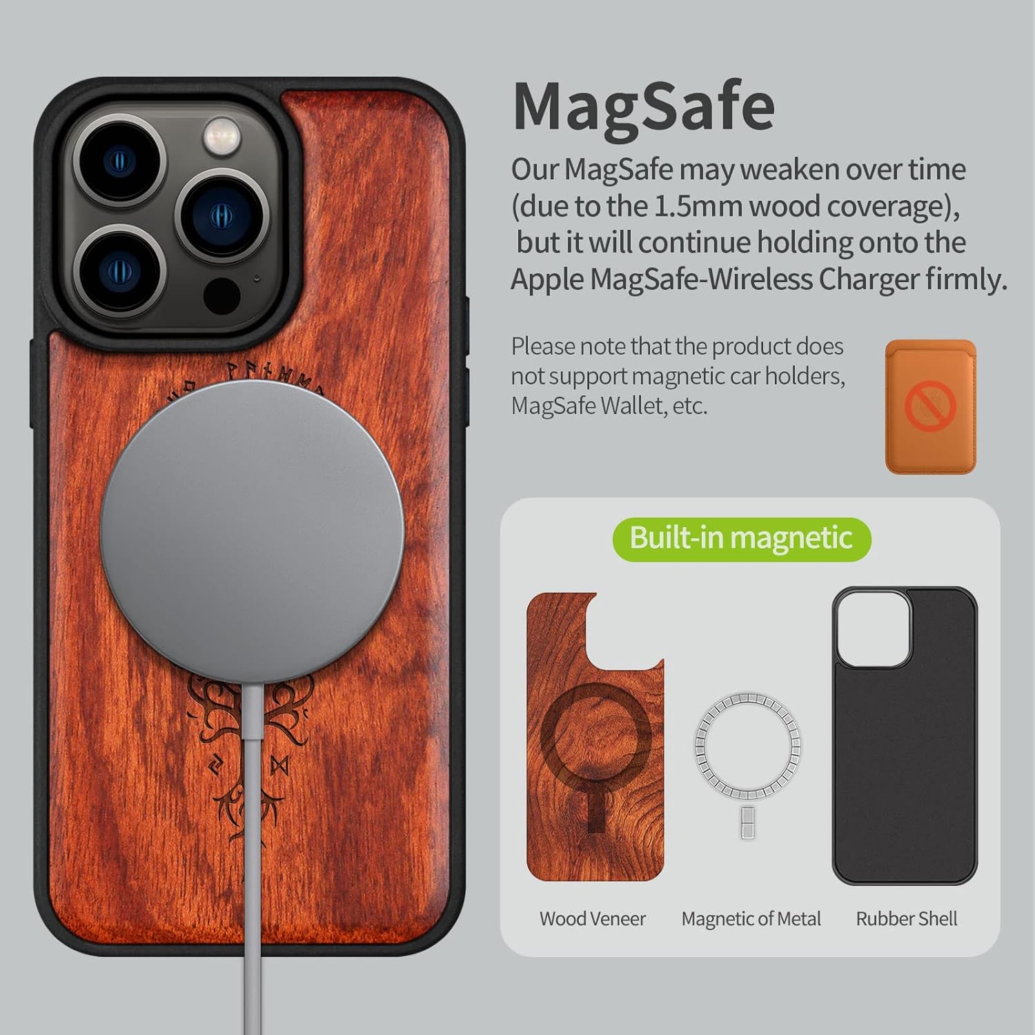 Carveit Designer Wooden Magnetic Case for iPhone 14 Pro Max Case [Wood Engraving & Shell Inlay] Unique Wood Phone Cover Compatible with 14 Pro Max MagSafe 6.7 Inch (Yin Yang Wolf-Rosy)