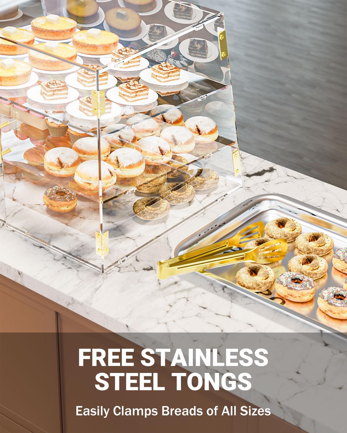 3-Tier Slanted Acrylic Bakery Display Case, 21"×17"×17" Commercial Countertop Pastry Showcase with Automatic-Closing Rear Doors for Donuts, Bagels, Macarons, Cupcakes