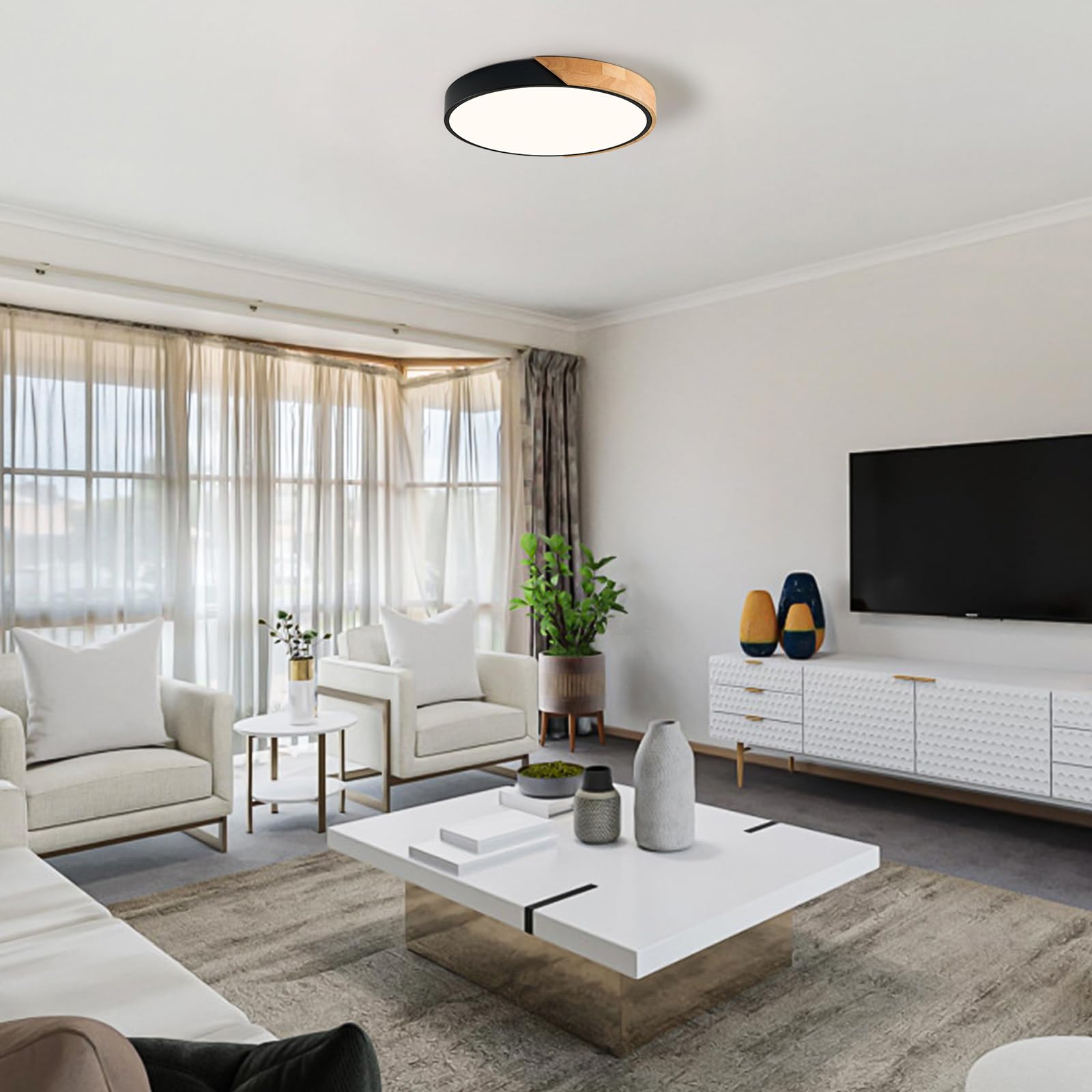 Qamra Lampara Techo, Madera Lampara Techo Negro, Moderno Plafón 40cm, iluminación 36W Redondo para Dormitorio, Sala de estar, Cocina, Comedor, Pasillo 4000K