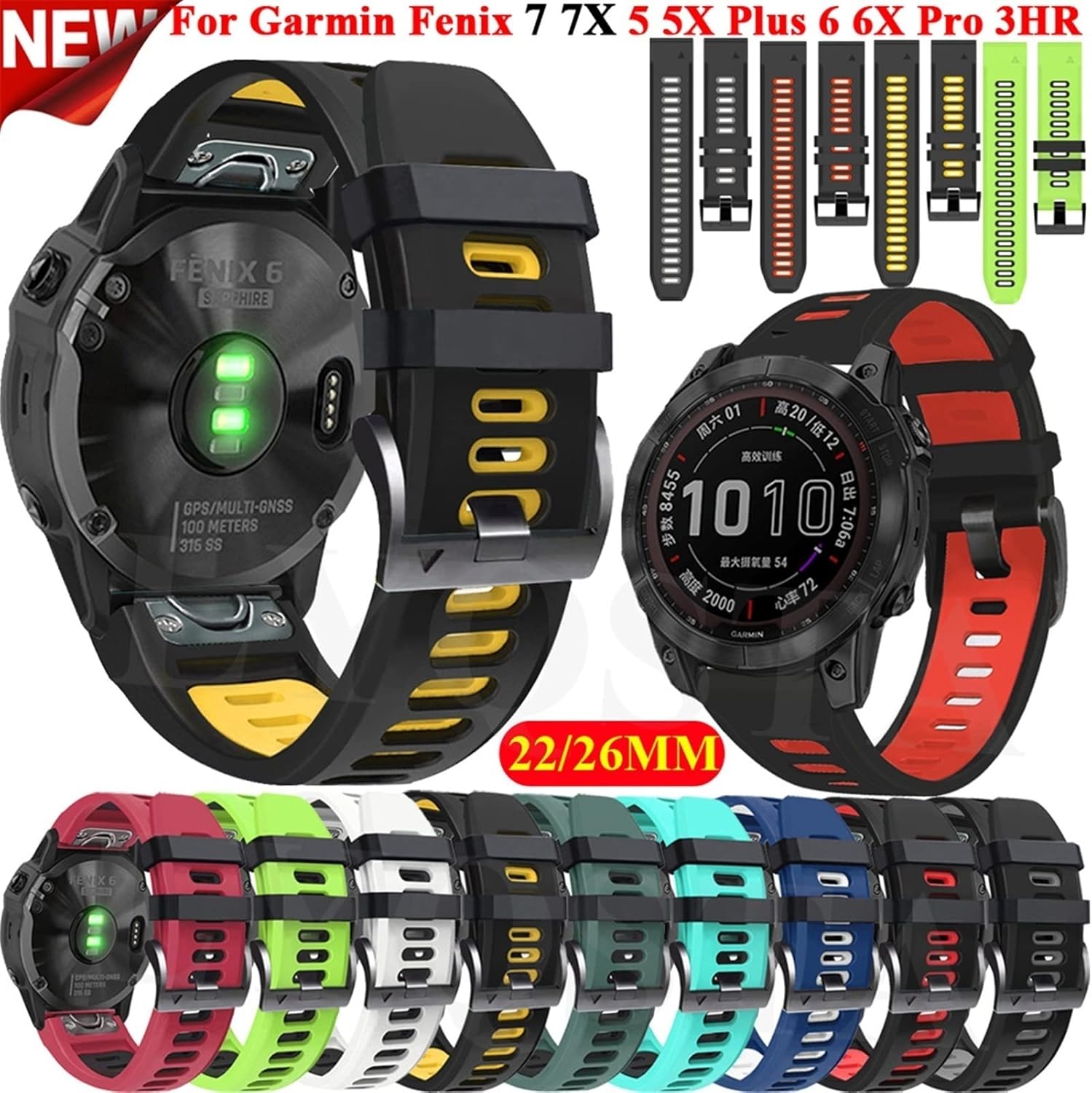 CZKE for Garmin Fenix 7X 26mm QuickFit Silicone Band (Color : Black Orange, Size : 22mm)