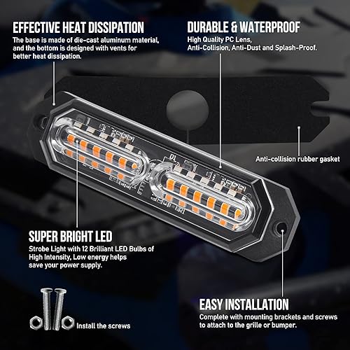 Miniatura 2 de Paquete de 1 unidad, luces LED ámbar para camiones, 12 luces LED ámbar, luz estroboscópica de parrilla de montaje en superficie de emergencia, mini