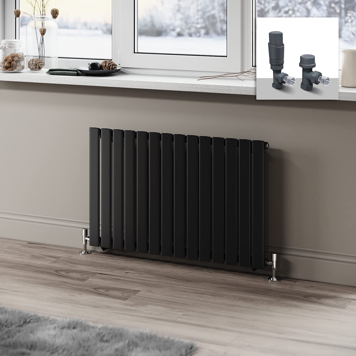 ELEGANT 600 x 952mm Radiator Black Horizontal Radiator Flat Panel Designer Radiator Single Panel Central Heating Radiator with Anthracite Thermostatic Valves