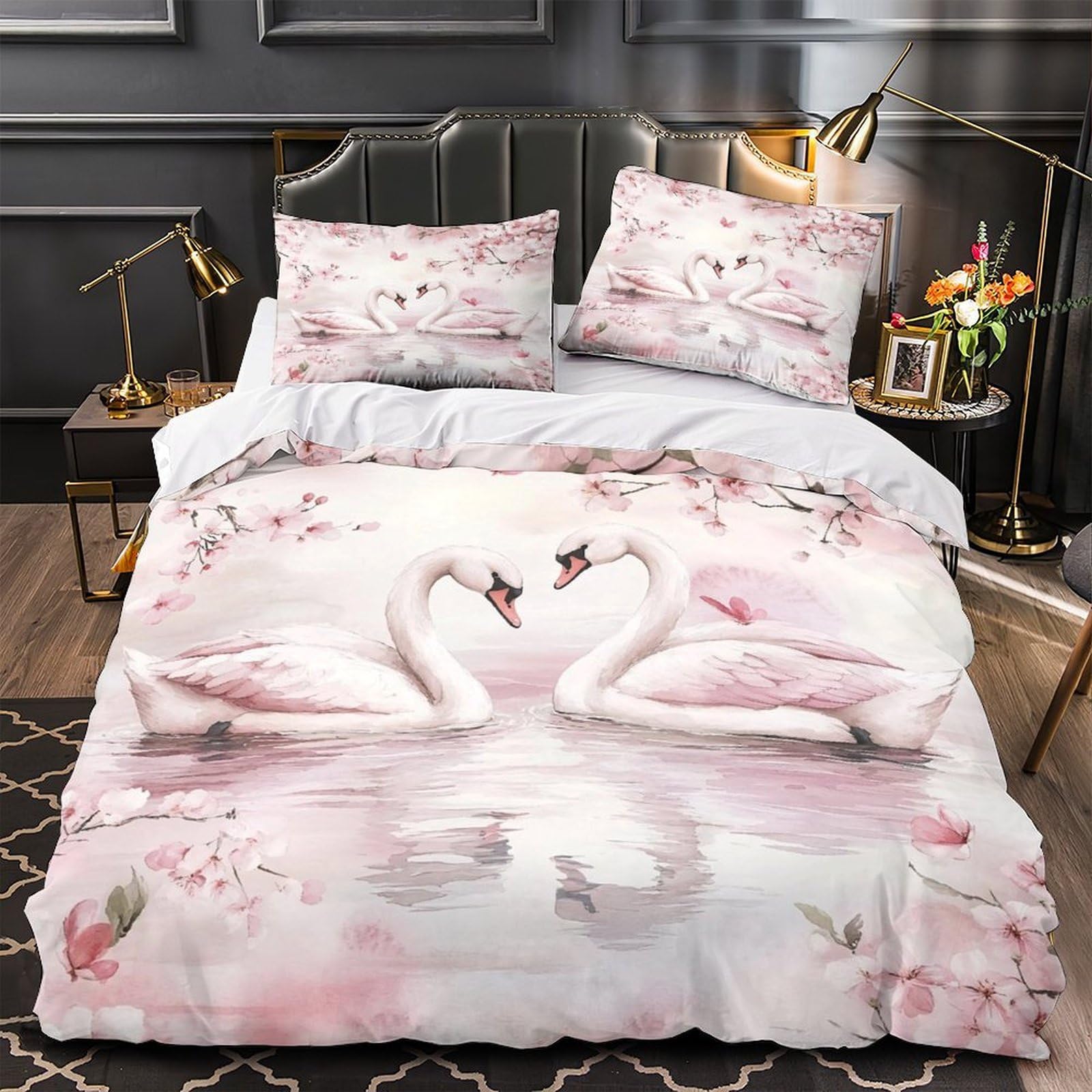 Housse de couette cygnes 135x200 cm parure lit microfibre hypoallergénique