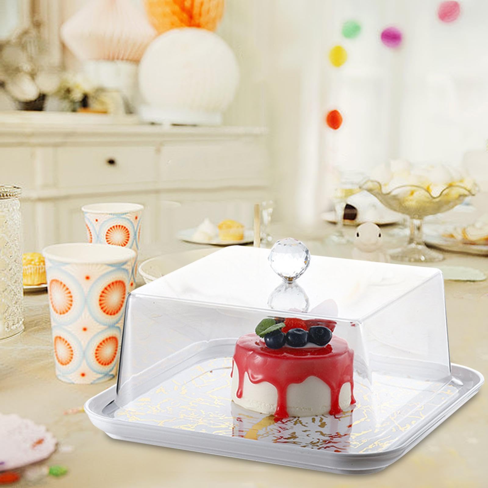Cúpula acrílica cuadrada dorada para tartas, cubierta transparente aislada para alimentos y postres para fiestas, cocina y comedor, ideal para pasteles y golosinas festivas