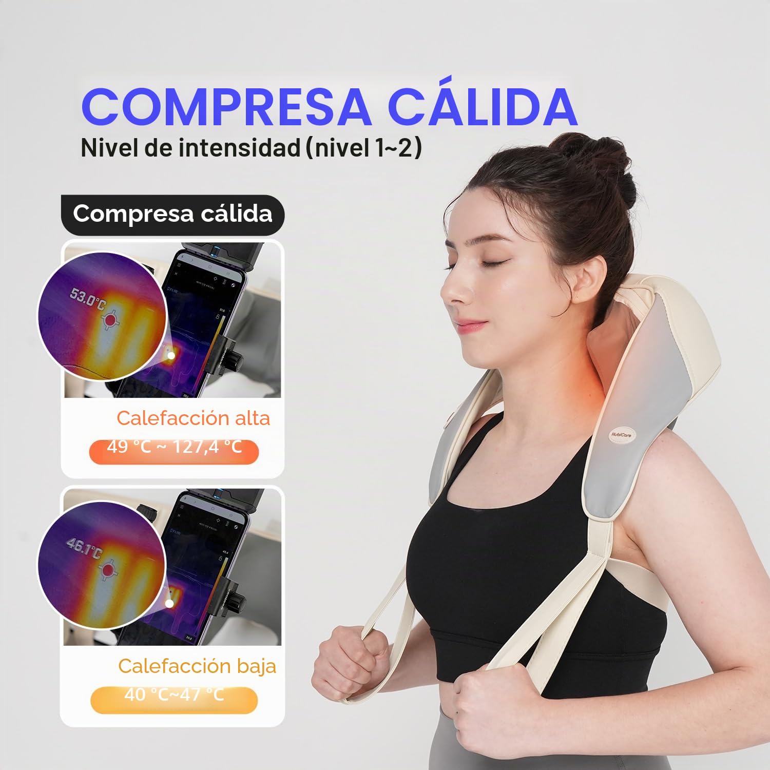 HubiCare Mini Shiatsu Masajeador de cuello, tejido profundo 3D con 2 niveles de calor para aliviar el dolor, Masajeador eléctrico portátil de espalda y hombros, manos libres para uso en casa y oficina
