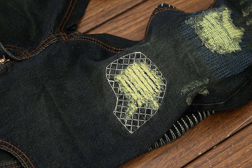 Chowsir Men Vintage Skinny Moto Biker Jeans Stretch Ripped Patch Jeans Straight Denim Pants