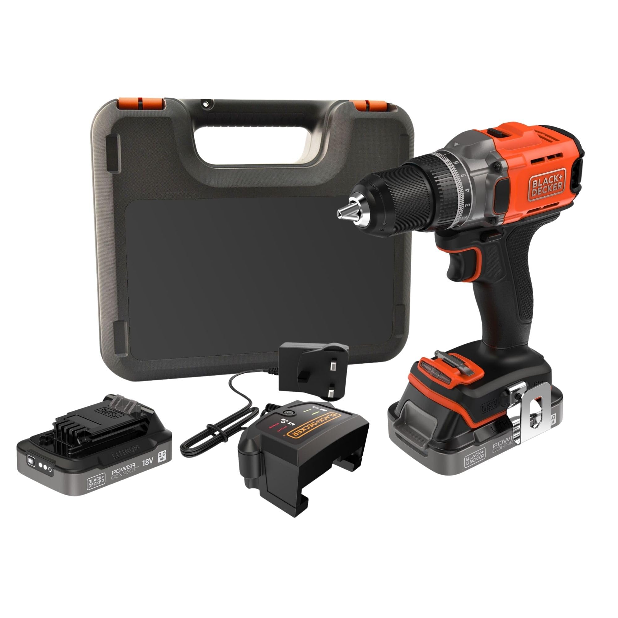 BLACK+DECKER 18V Cordless Drill Driver, 45Nm Max Torque, 2 x 2.0Ah Batteries, 1A Charger & Kitbox, BCD382D2XK-GB