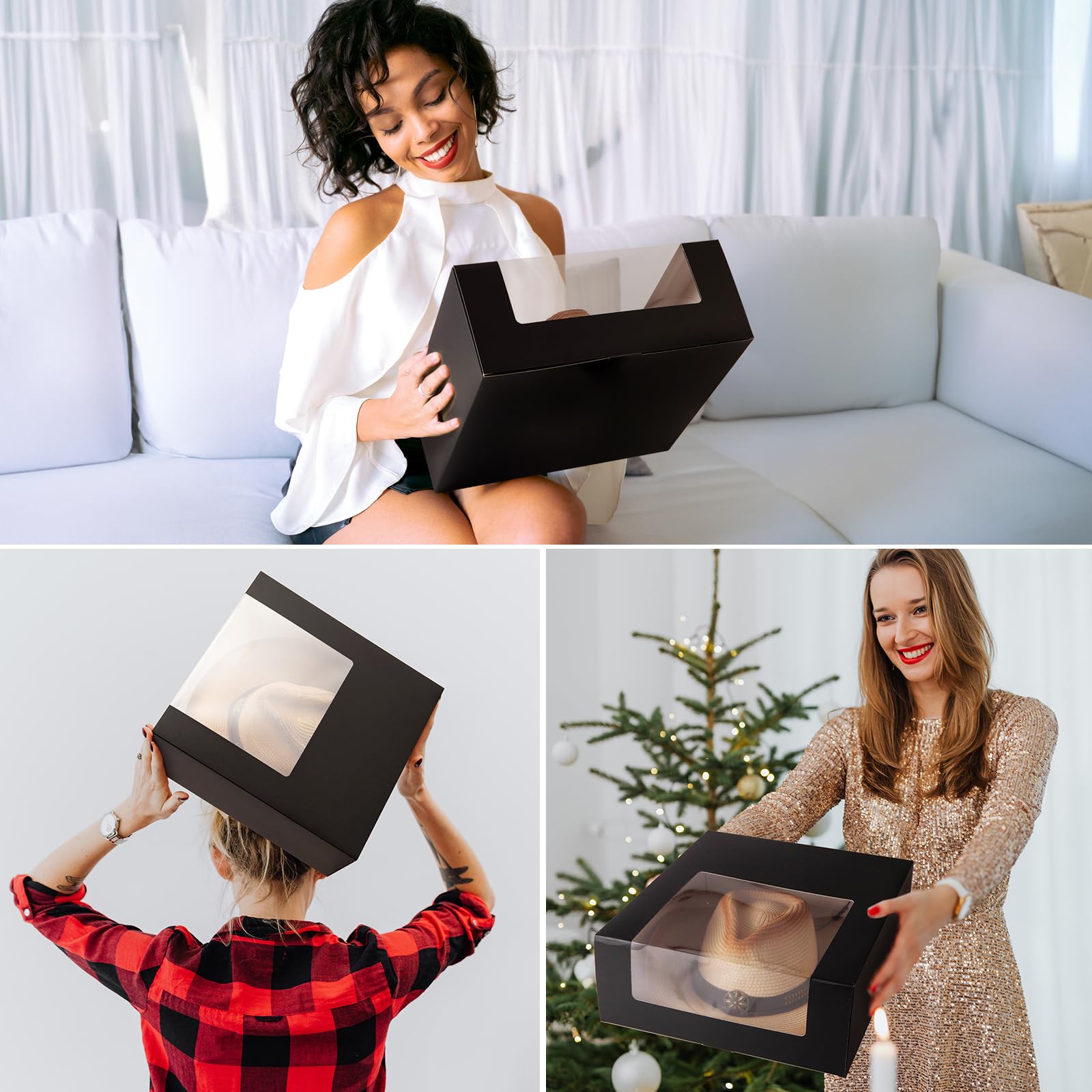 LADYBRO 10 Pack 14.17" x 13.39" x 5.43" Black Gift Boxes with Window Display Box for Hat, Hat Storage Containter for Fedora, Baseball Caps, Fitted Hats and Snapbacks