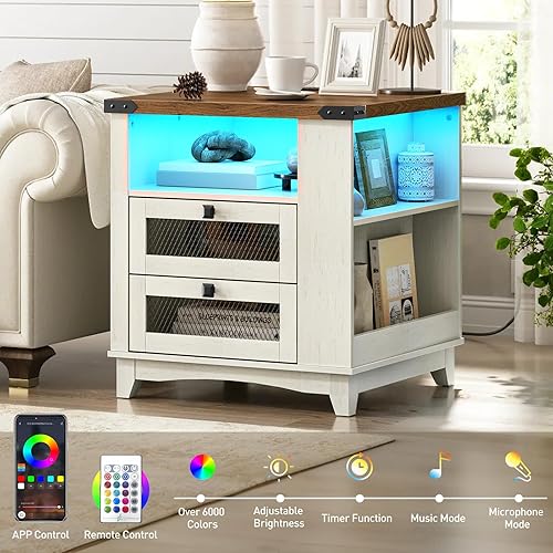 Miniatura 6 de Mesa auxiliar de granja con estación de carga, mesa auxiliar de sofá grande de 24 pulgadas con luz LED y 2 cajones, mesita de noche cuadrada con