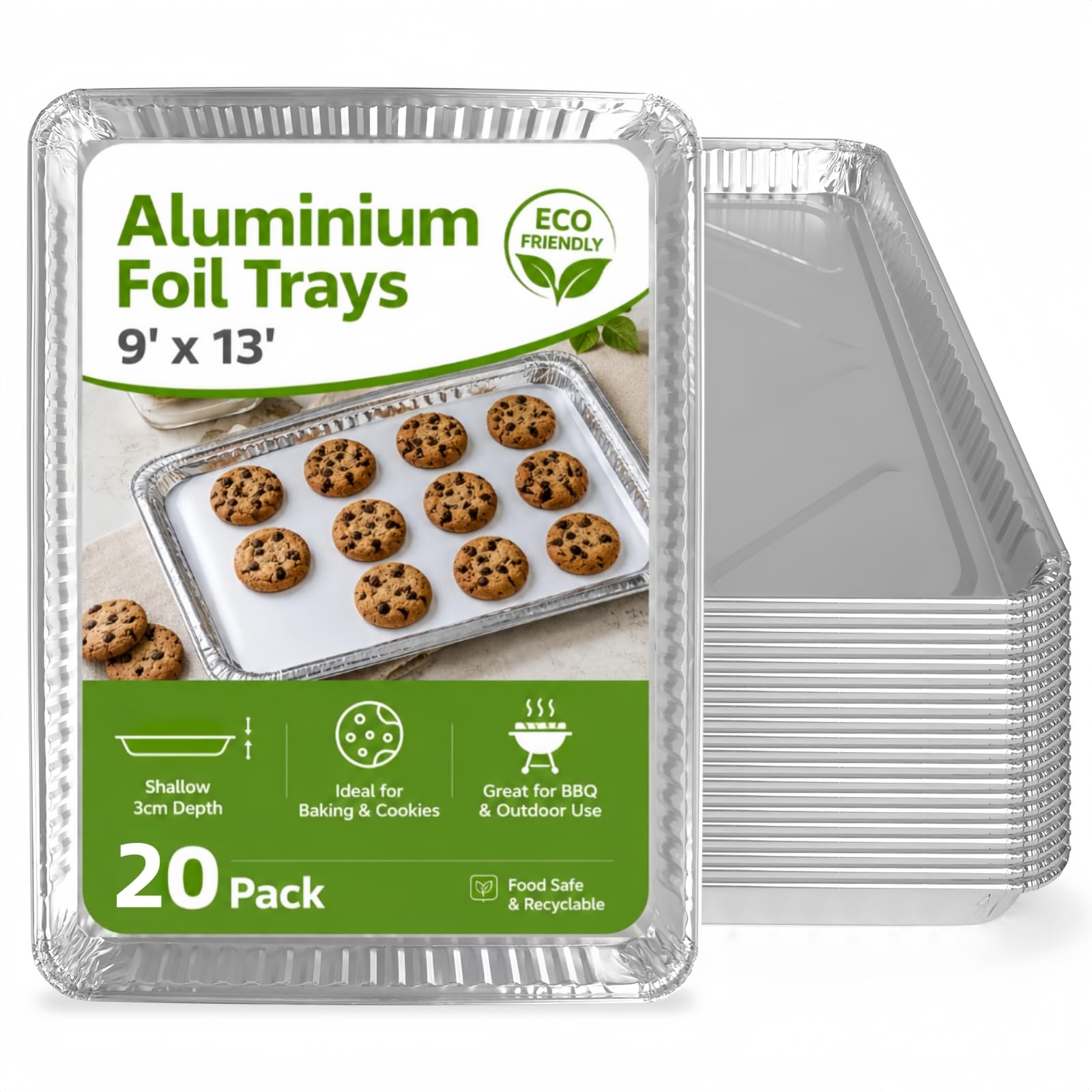 20 Pack Disposable Aluminium Foil Trays 32x21x3cm - Heavy Duty Tin Foil Baking Trays for Oven Roasting, BBQ, Catering & Meal Prep - Recyclable Food Storage Containers, Freezer Safe Without Lids (20)