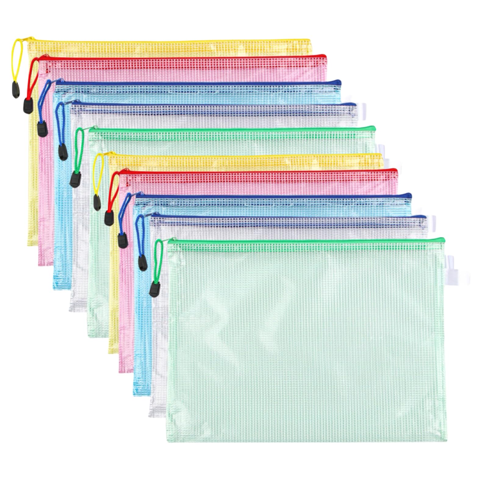 A4 Zipped Document Pouch, 5 Colours PVC Transparent Document Folder, Mesh Zipper Pouch for Travel, Office, Supplies (10 Pieces)