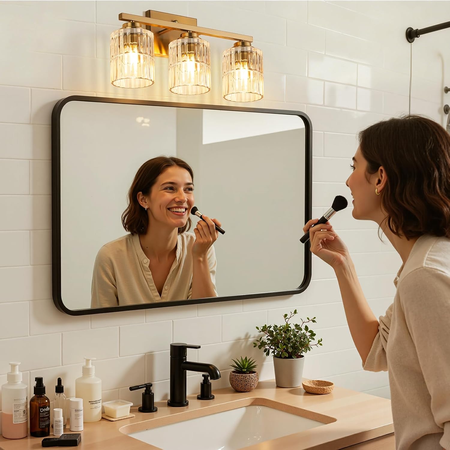 TALOYA 19 Inch Bathroom Light Fixtures,Modern 3-Light Brushed Gold Vanity Lights with Wide Vertical Ribbed Thickened Glass Shade Wall Sconces for Mirror Makeup Room Hallway（Bulbs Not Included）