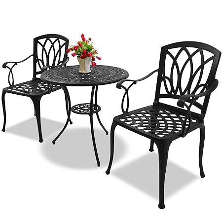 Homeology Positano Garden Patio Table 2 Large Chairs With Armrests Cast Aluminium Bistro Set Black Amazon Co Uk Garden Outdoors