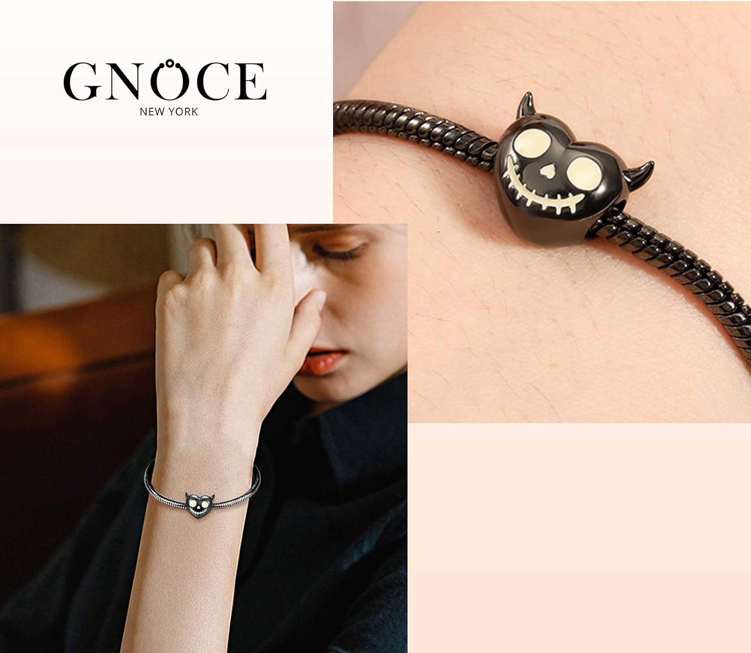 GNOCE Luminous Devil's Heart Skull Charm Bead Sterling Silver Charm Bead Fit Bracelet/Necklace Halloween Charm for Women Men