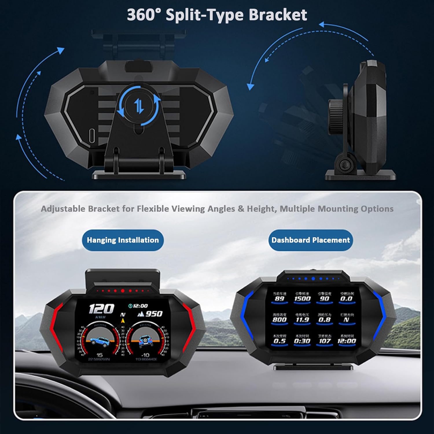 ASHOIH OBD2 HUD Display showing Lateral G-Force, Longitudinal G-Force, Roll Angle, and Pitch Angle measurements.