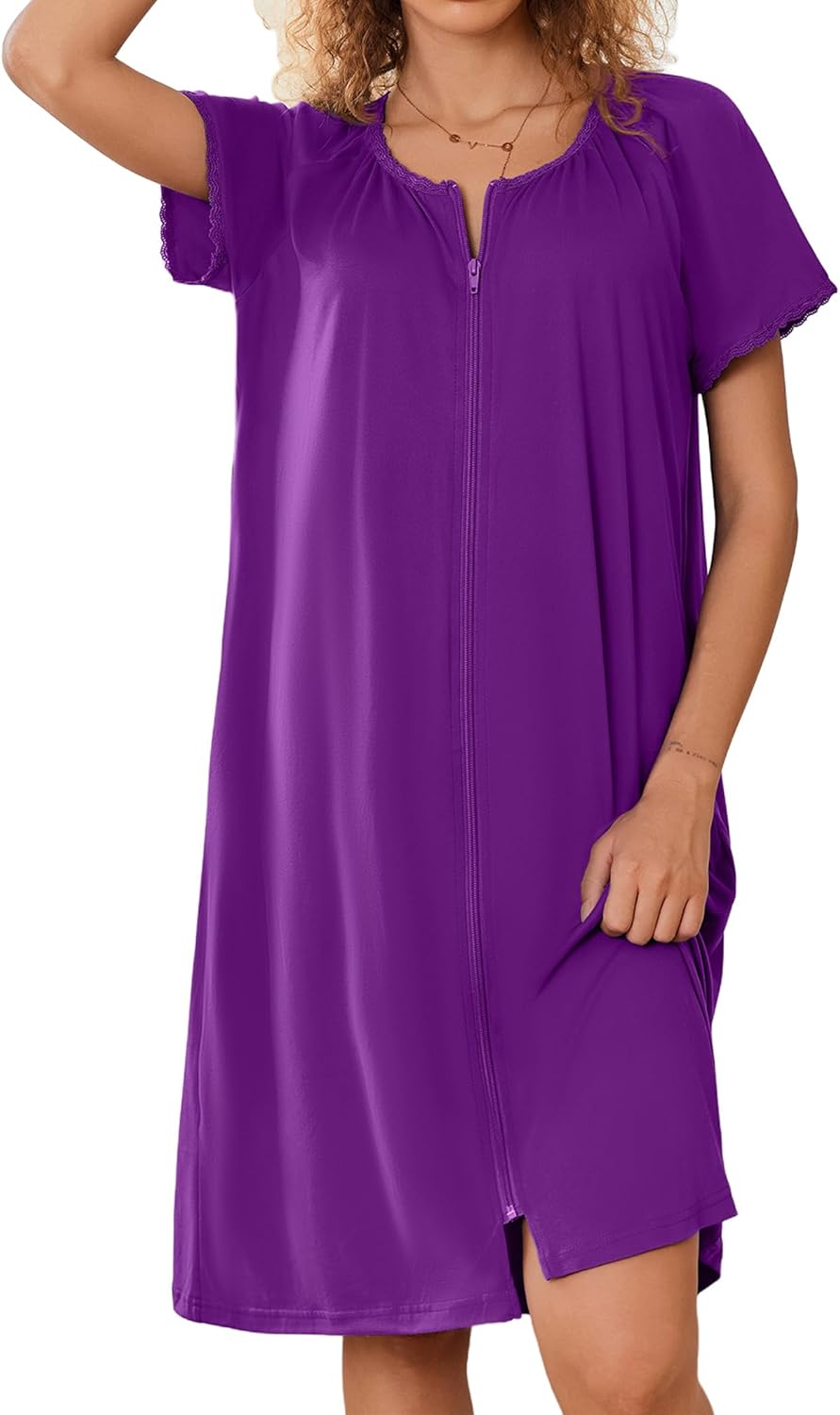 Ekouaer Zipper Robes for Women Short Sleeves Knit Bathrobes Knee Length Soft Lace Trim Loungewear with Pockets S-3XL