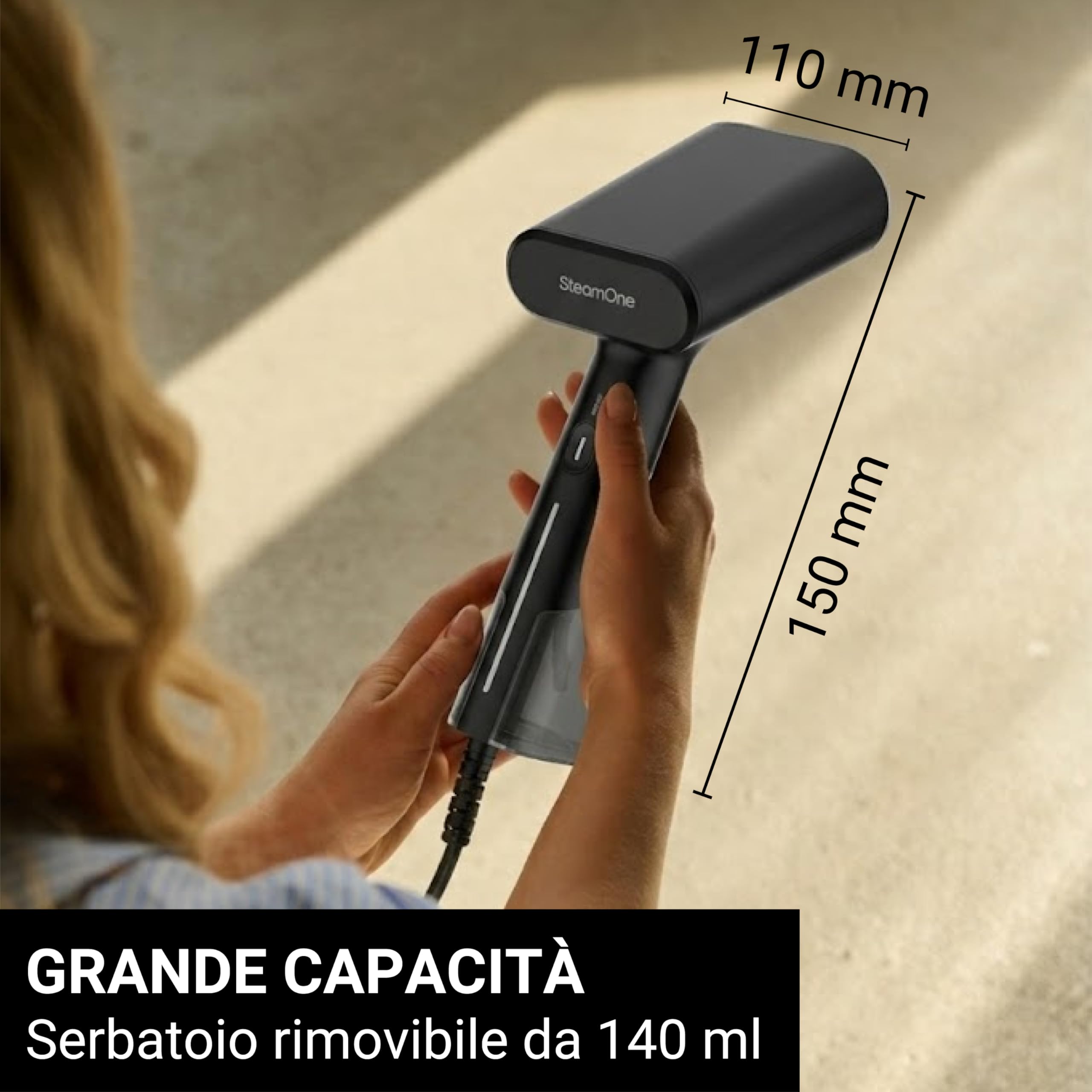 STEAMONE - Steamer Stiratore a vapore 2000 W 28 g/min - Ferro portatile - Capacità 140 ml - Elimina il 99,99% delle impurità - Pronto in 35 secondi - Cavo da 3 m - Formato compatto - EUDTC140BV2