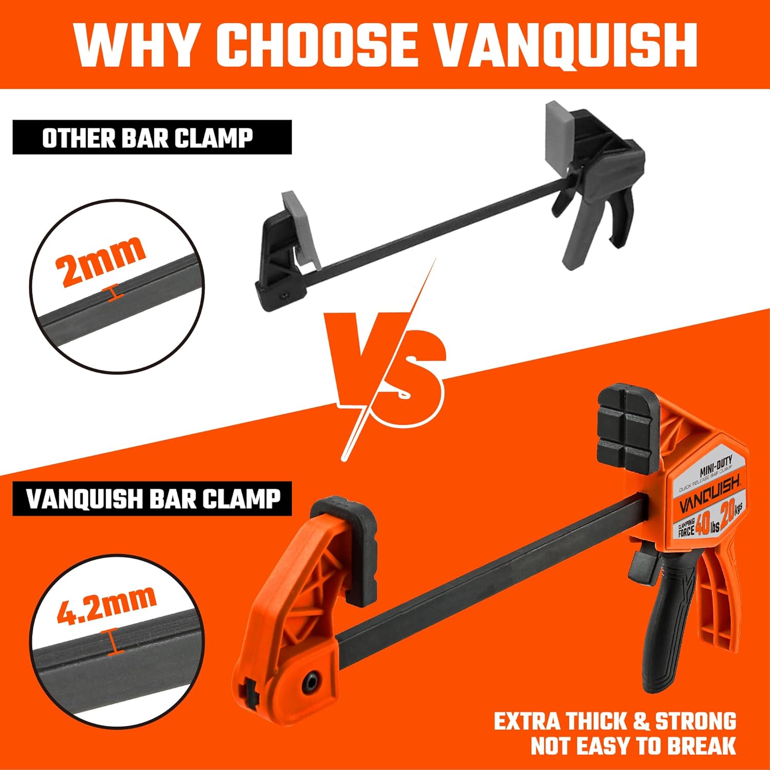 VANQUISH 4'' Mini Bar Clamps for Woodworking, One-Handed Clamp/Spreader, Wood Clamps Set, Screw Change F Clamps with 40LBS Load Limit, 2 Pack